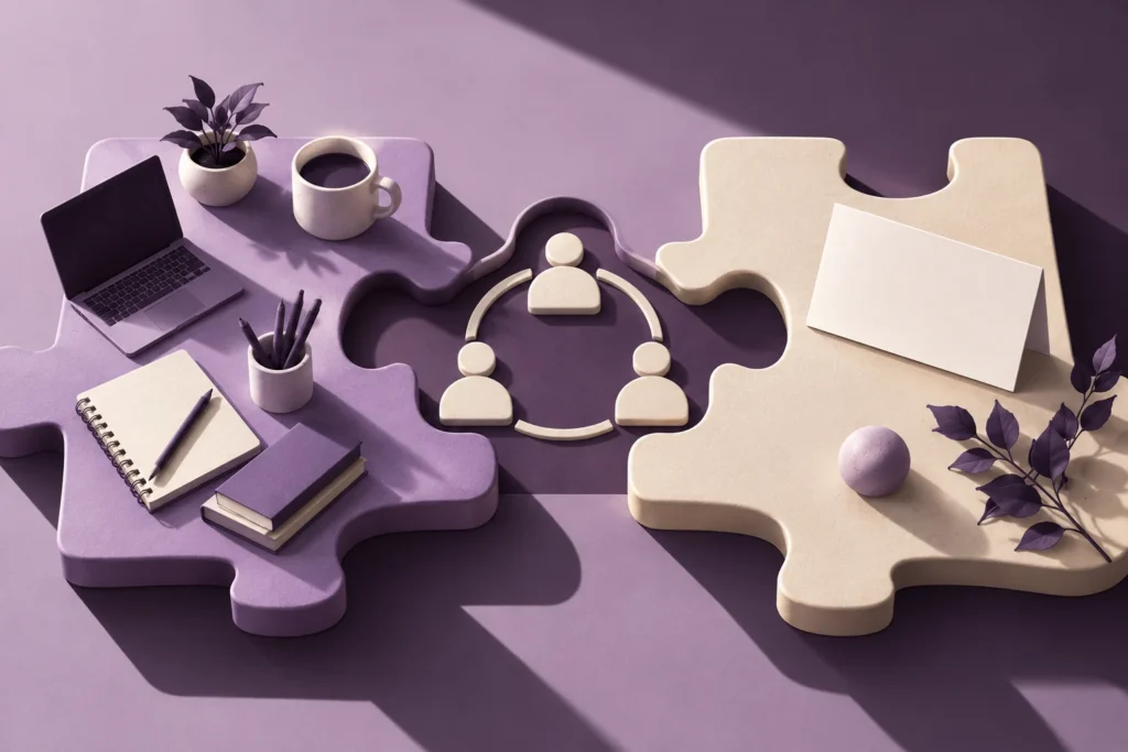 Interlocking puzzle forms with work tools and an unbranded business card.