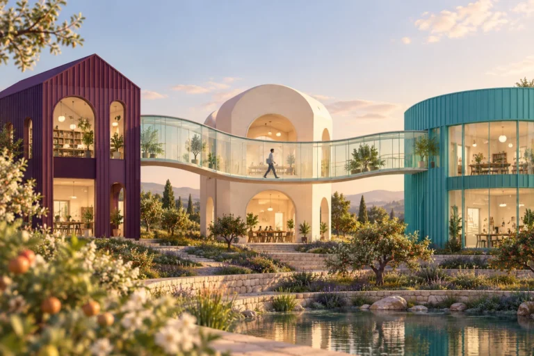 AI-generated illustration of three unbranded buildings connected by a glass walkway, with a worker crossing between them.