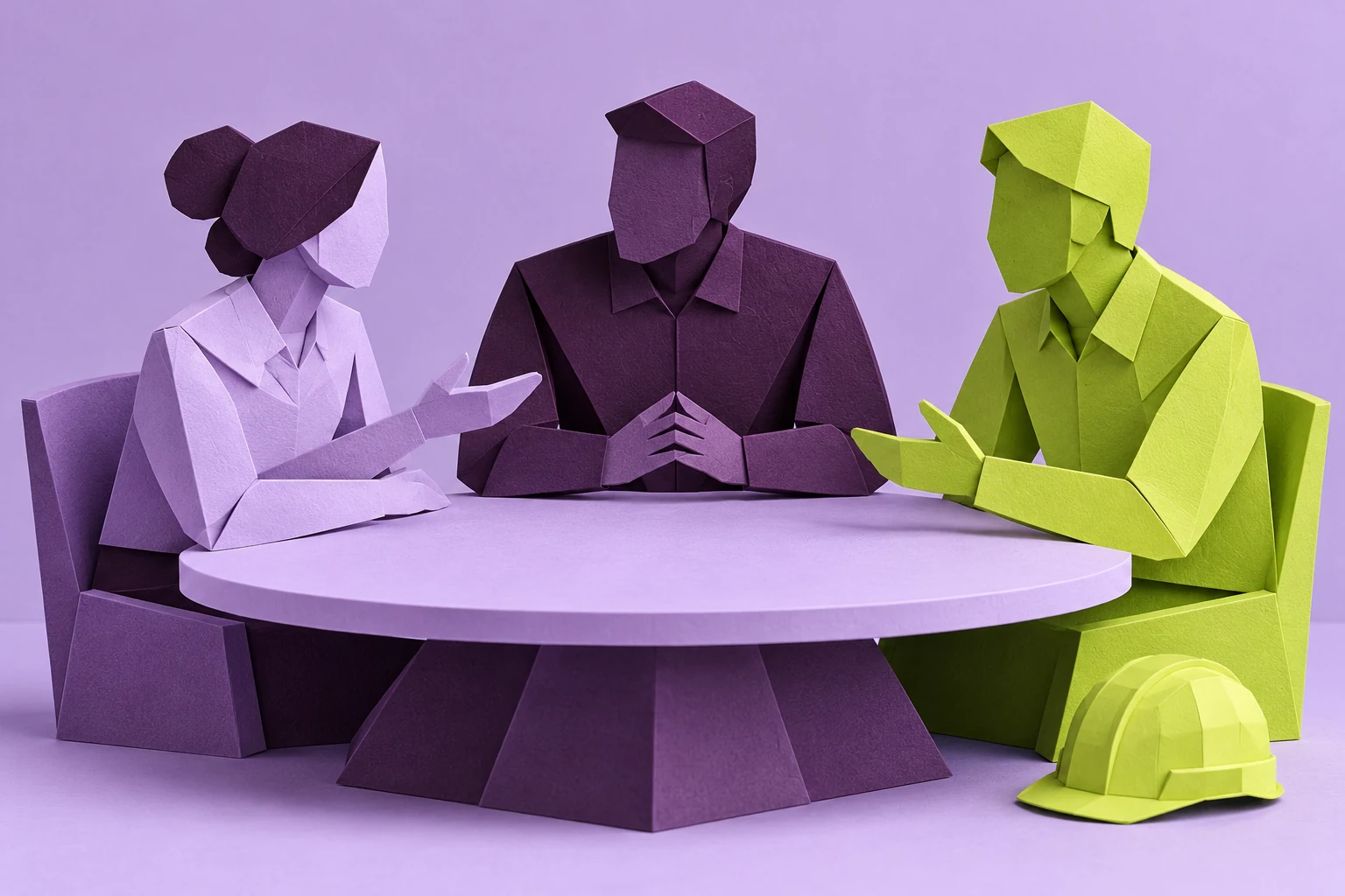 Three equal-height worker figures discussing safety around a circular table.