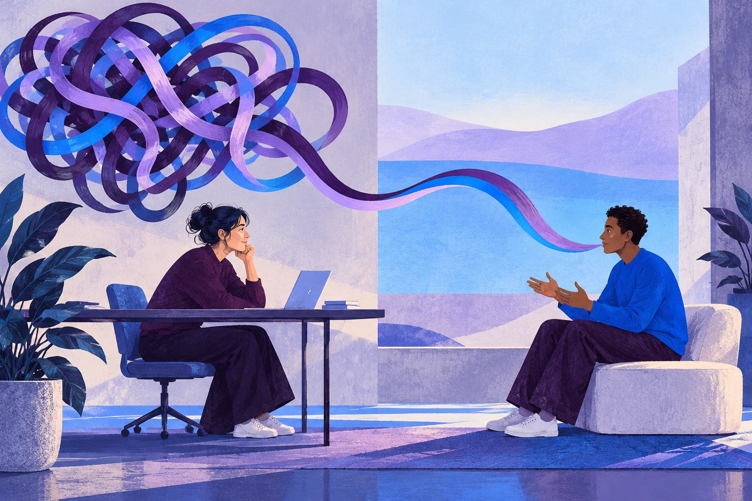 A tangled ribbon becoming a calm path between two equal-level figures.