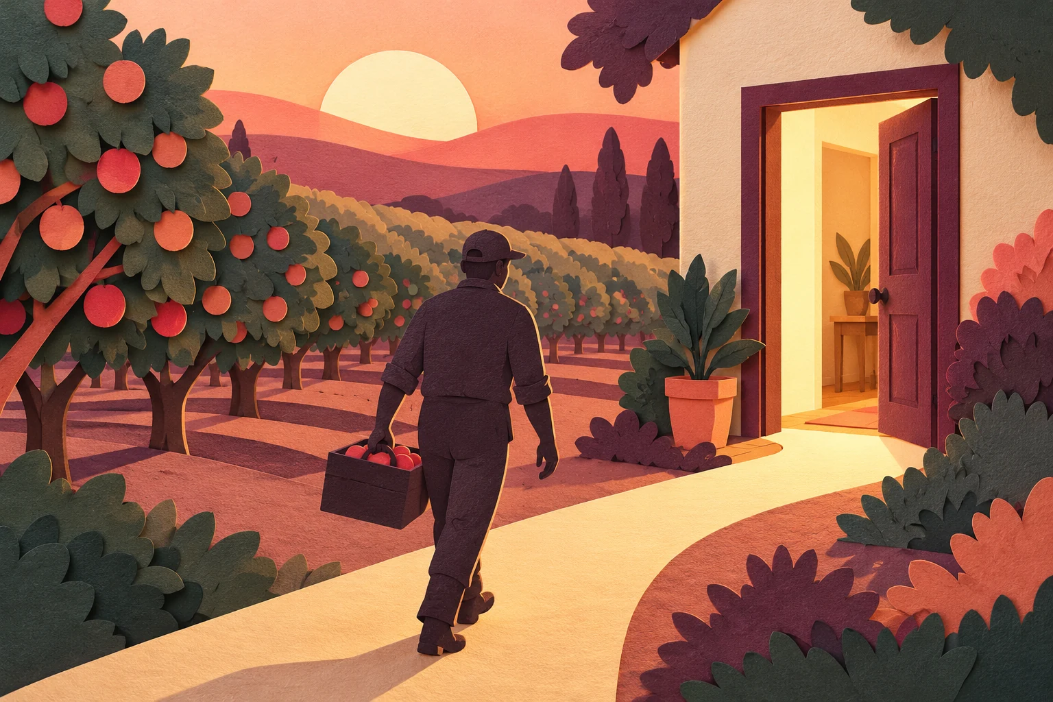 A worker silhouette following a clear path from orchard rows to a private doorway.